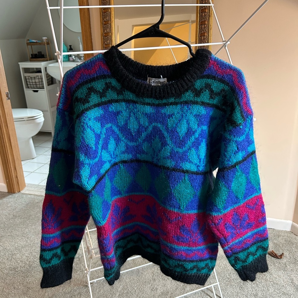 Women's Vintage Patterned Crewneck Sweater in Teal, Blue, Purple & Black